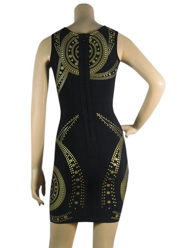 Herve Leger Black And Gold Geometric Bandage Dress
